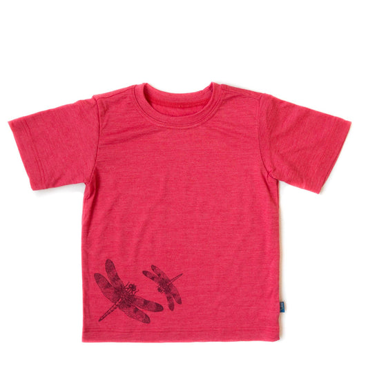 T-Shirt himbeere mit Libelle, Merinowolle & Seide (bio/GOTS): 98-104 Glückskind NATURKINDCHEN