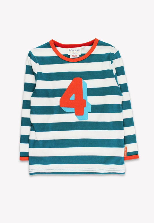 Bio-Langarmshirt mit vier Applikationen und türkisfarbenen Streifen: 4—5 J /110 cm Toby Tiger GmbH      NATURKINDCHEN