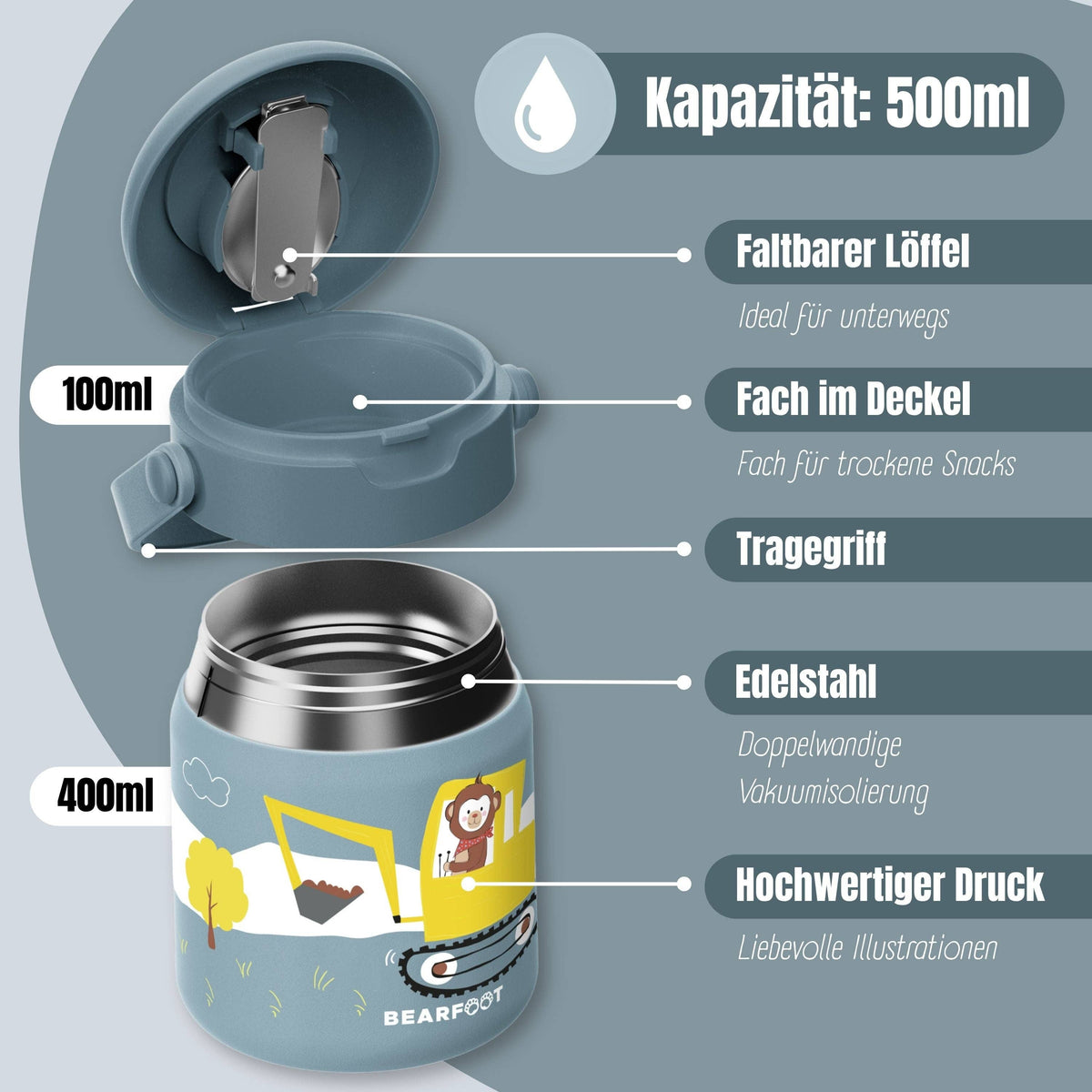 Thermobehälter Kinder Edelstahl - Bagger blau BEARFOOT      NATURKINDCHEN