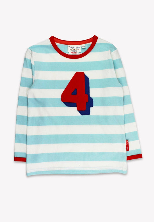 Bio-Langarmshirt mit vier Applikationen und blauen Streifen: 4 J /110 cm Toby Tiger GmbH      NATURKINDCHEN