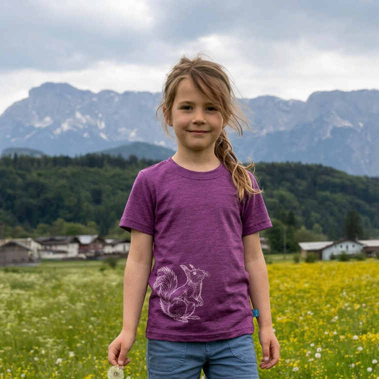 T-Shirt zwetschke mit Eichhörnchen, Merinowolle & Seide (bio/GOTS): 98-104 Glückskind      NATURKINDCHEN