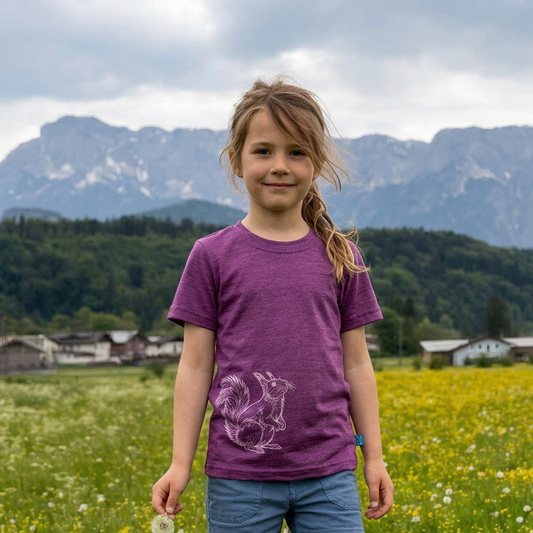 T-Shirt zwetschke mit Eichhörnchen, Merinowolle & Seide (bio/GOTS): 98-104 Glückskind      NATURKINDCHEN