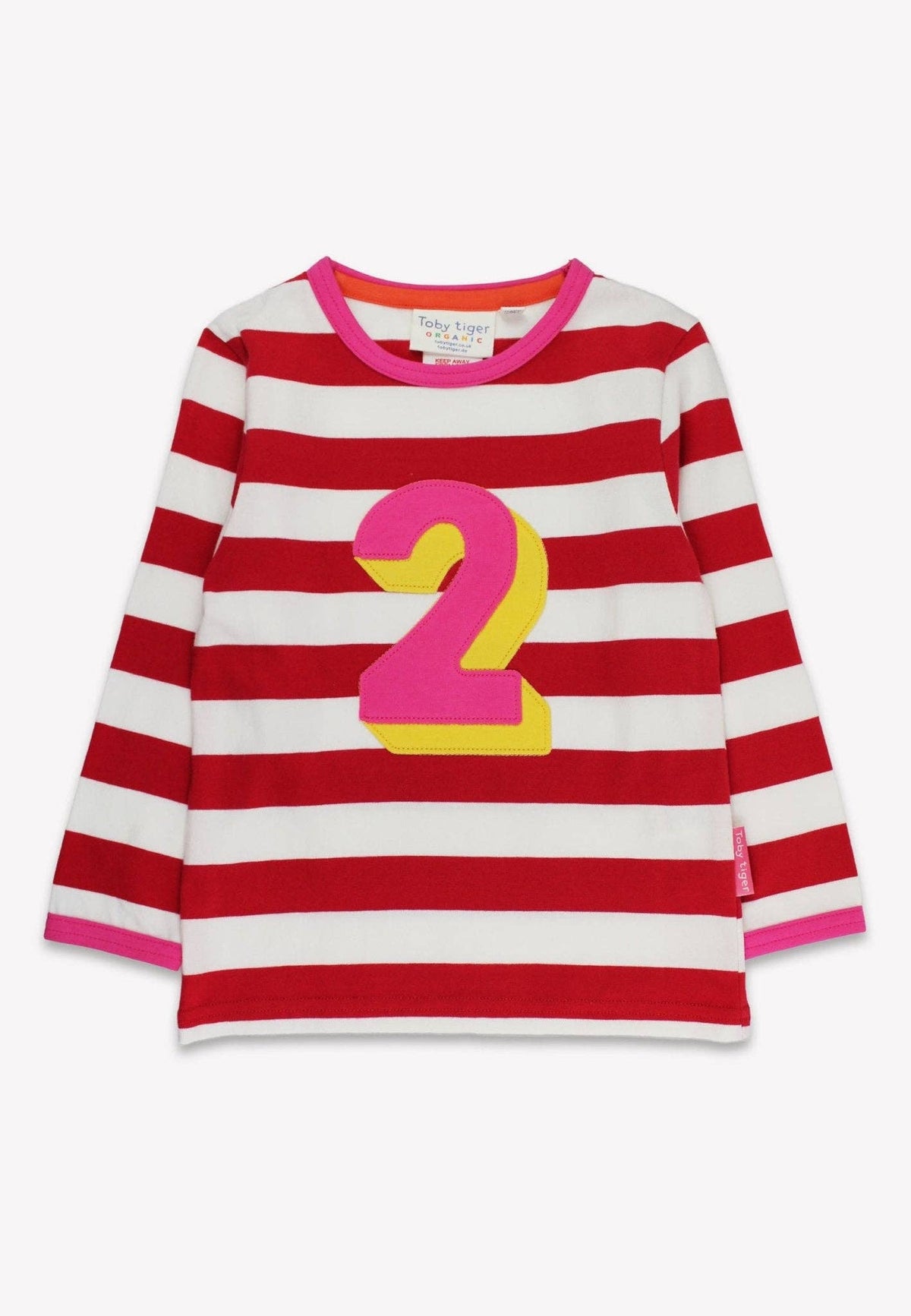 Langärmliges T-Shirt mit zwei organischen Applikationen und roten Streifen: 2-3 Jahre /98 cm Toby Tiger GmbH      NATURKINDCHEN