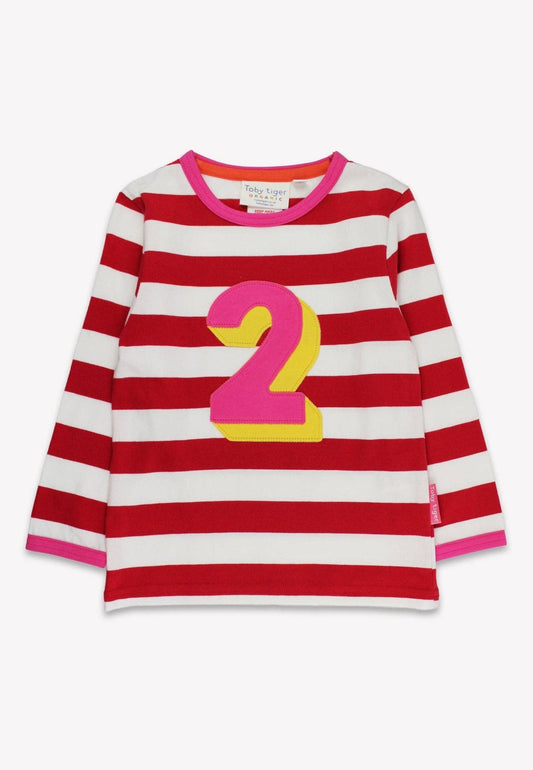 Langärmliges T-Shirt mit zwei organischen Applikationen und roten Streifen: 2-3 Jahre /98 cm Toby Tiger GmbH      NATURKINDCHEN