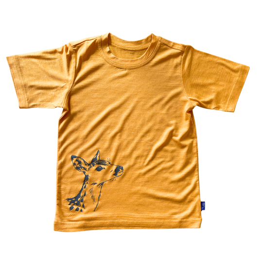T-Shirt sonnengelb mit Reh, Merinowolle & Seide (bio/GOTS): 98-104 Glückskind      NATURKINDCHEN