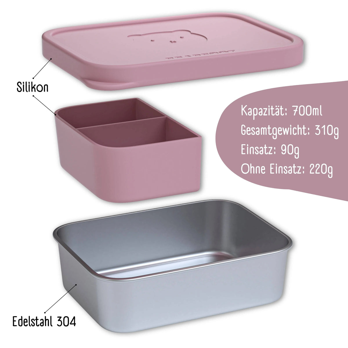 Brotdose Kinder Edelstahl mit Silikoneinsatz - Rosa: 700ml BEARFOOT      NATURKINDCHEN
