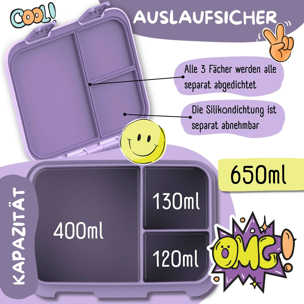 Brotdose mit Fächern, auslaufsicher - Meerjungfrau lila: 1.000ml BEARFOOT      NATURKINDCHEN