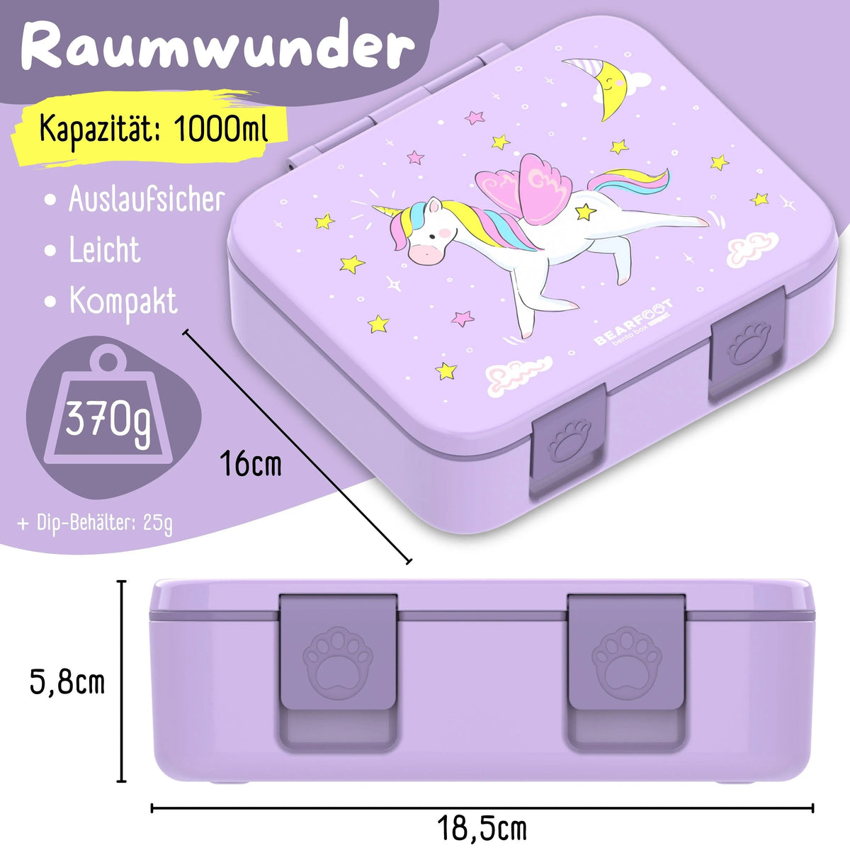 Brotdose mit Fächern, leicht & auslaufsicher - Einhorn lila: 1.000ml BEARFOOT      NATURKINDCHEN