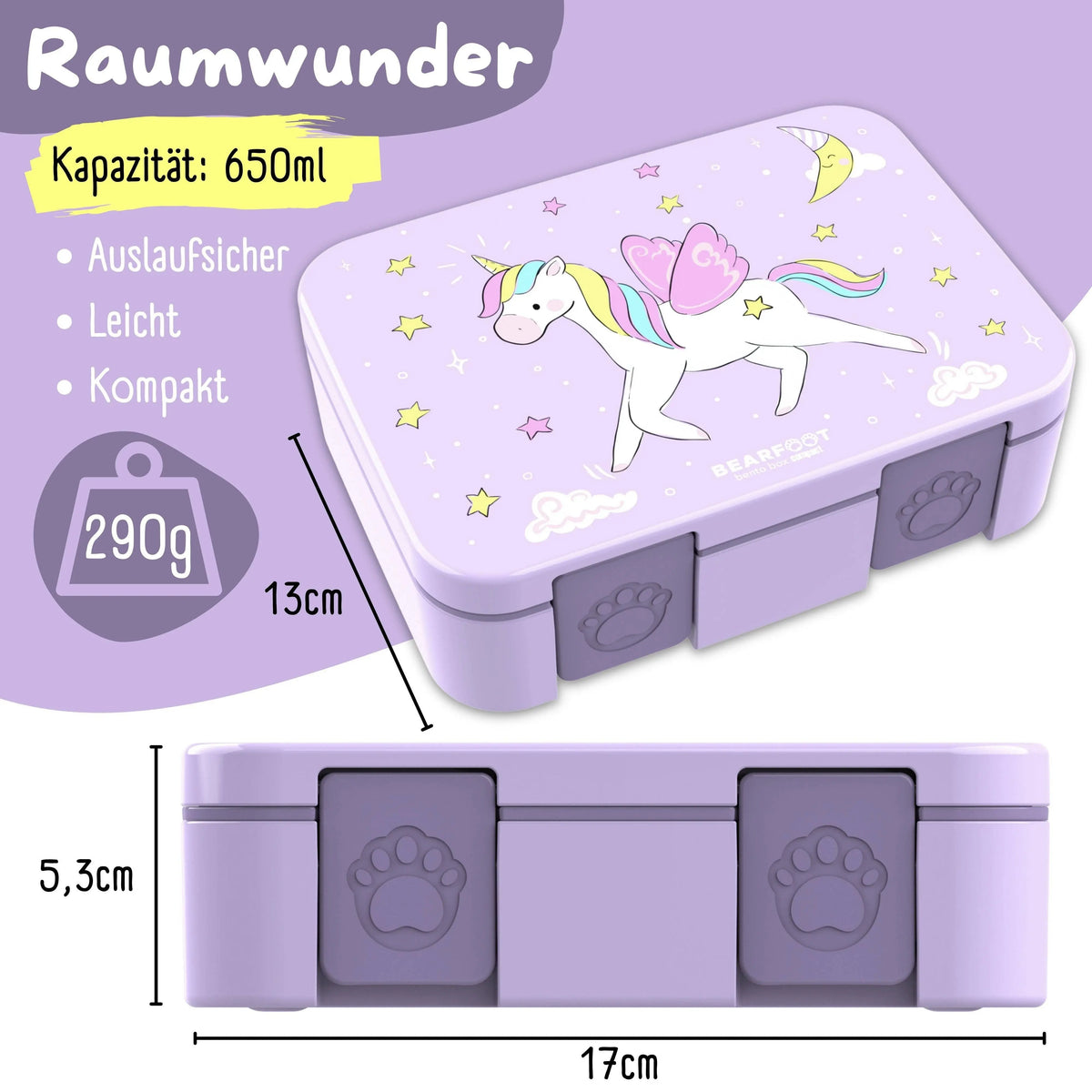 Brotdose mit Fächern, leicht & auslaufsicher - Einhorn lila: 1.000ml BEARFOOT      NATURKINDCHEN
