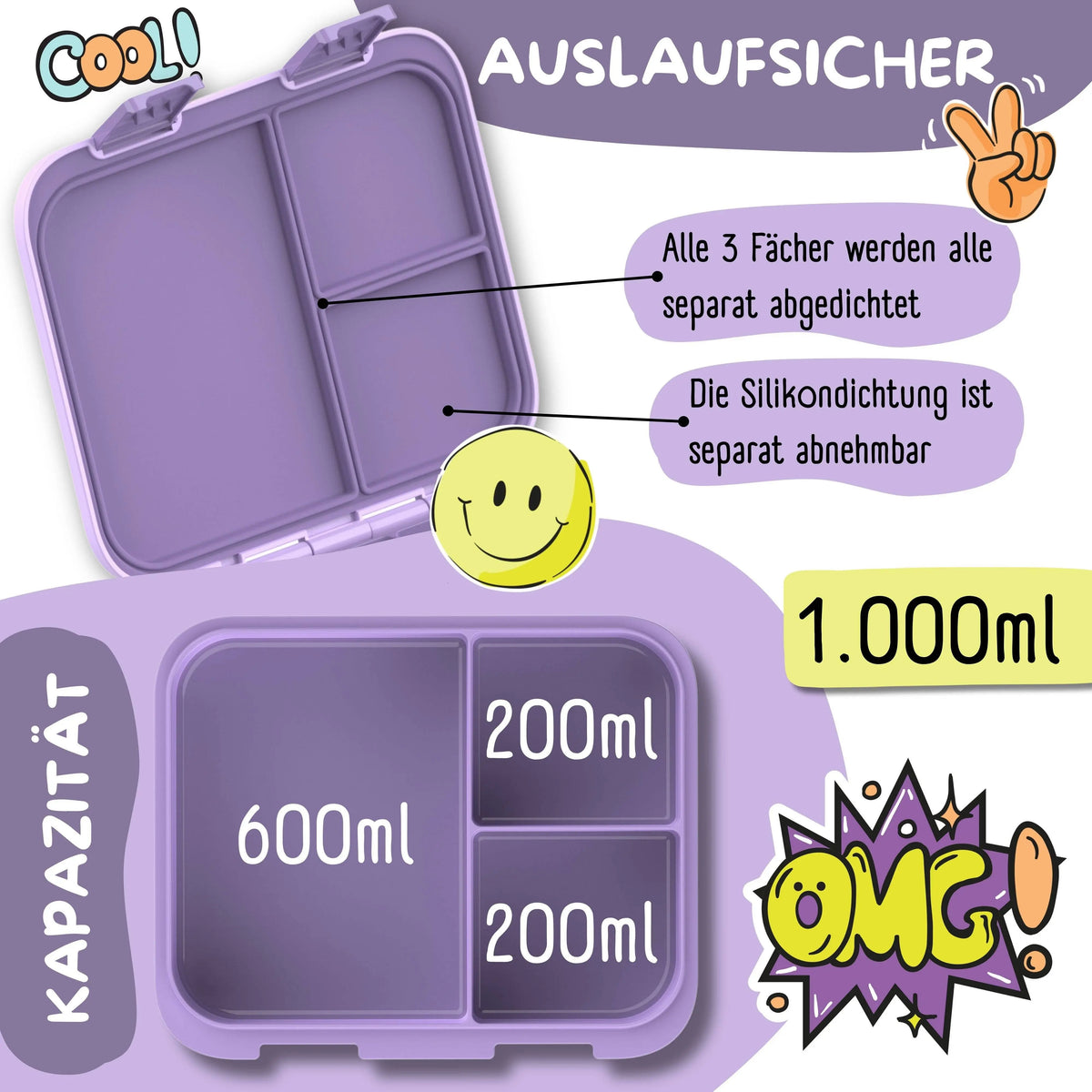 Brotdose mit Fächern, leicht & auslaufsicher - Einhorn lila: 1.000ml BEARFOOT      NATURKINDCHEN