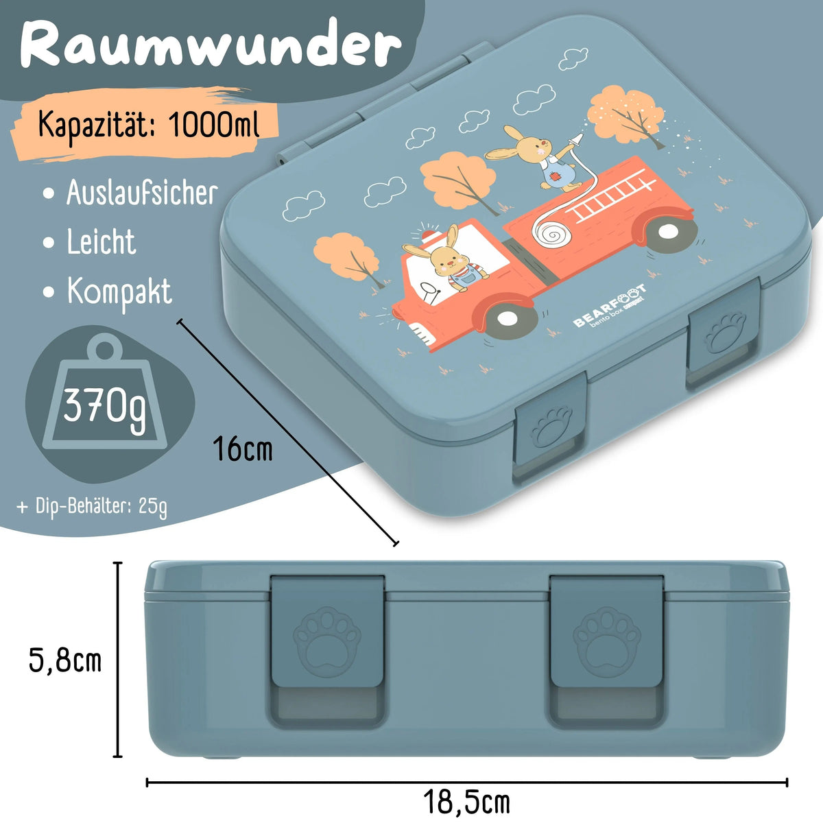 Brotdose mit Fächern, leicht & auslaufsicher - Feuerwehr: 1.000ml BEARFOOT      NATURKINDCHEN