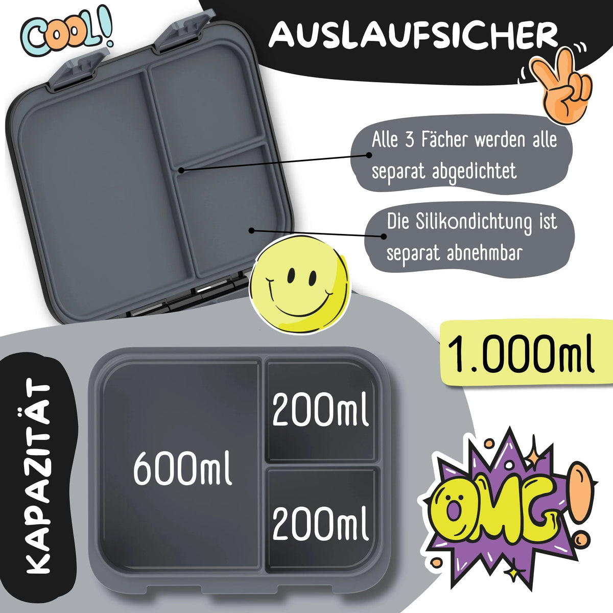 Brotdose mit Fächern, leicht & auslaufsicher - Game schwarz: 1.000ml BEARFOOT      NATURKINDCHEN