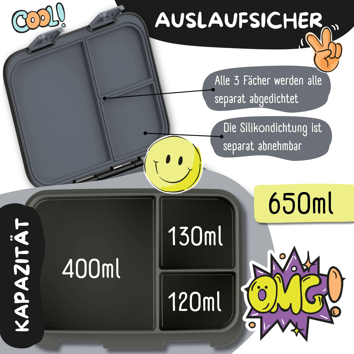 Brotdose mit Fächern, leicht & auslaufsicher - Game schwarz: 1.000ml BEARFOOT      NATURKINDCHEN