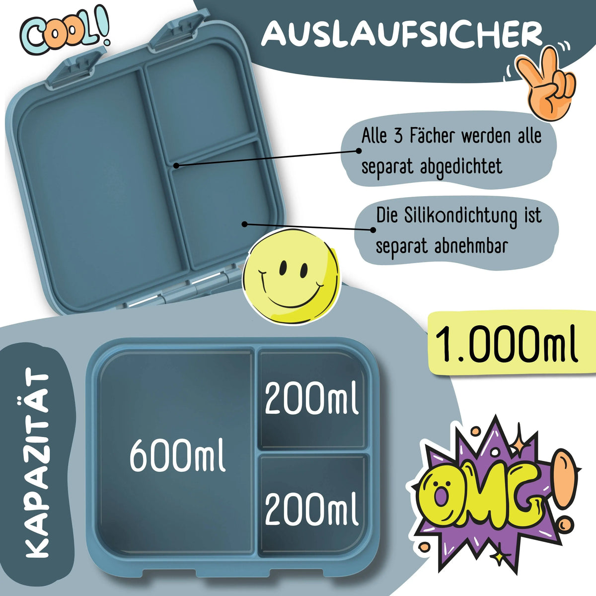 Brotdose mit Fächern, leicht & auslaufsicher - Sticker blau: 1.000ml BEARFOOT      NATURKINDCHEN