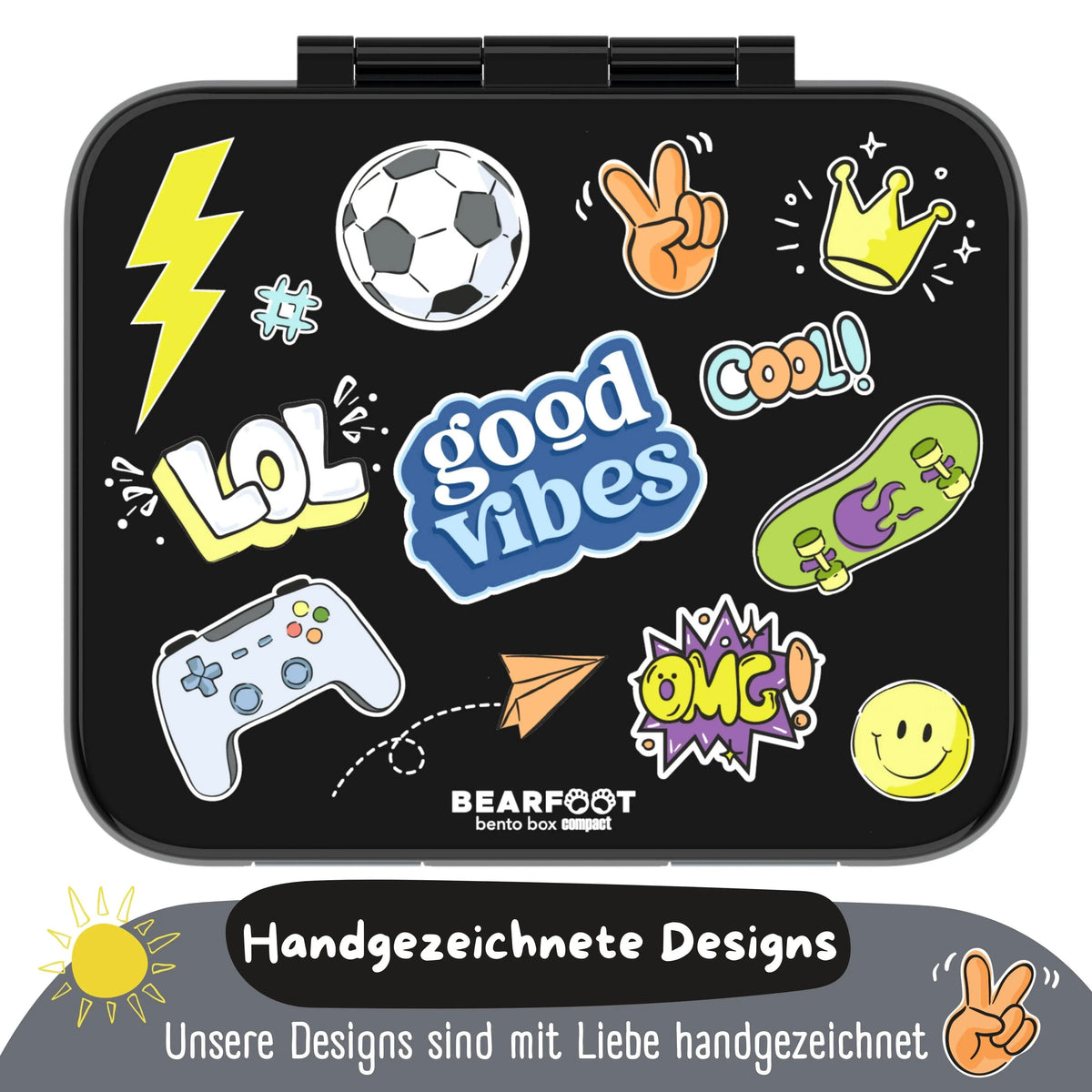 Brotdose mit Fächern, leicht & auslaufsicher - Sticker schwarz: 1.000ml BEARFOOT      NATURKINDCHEN