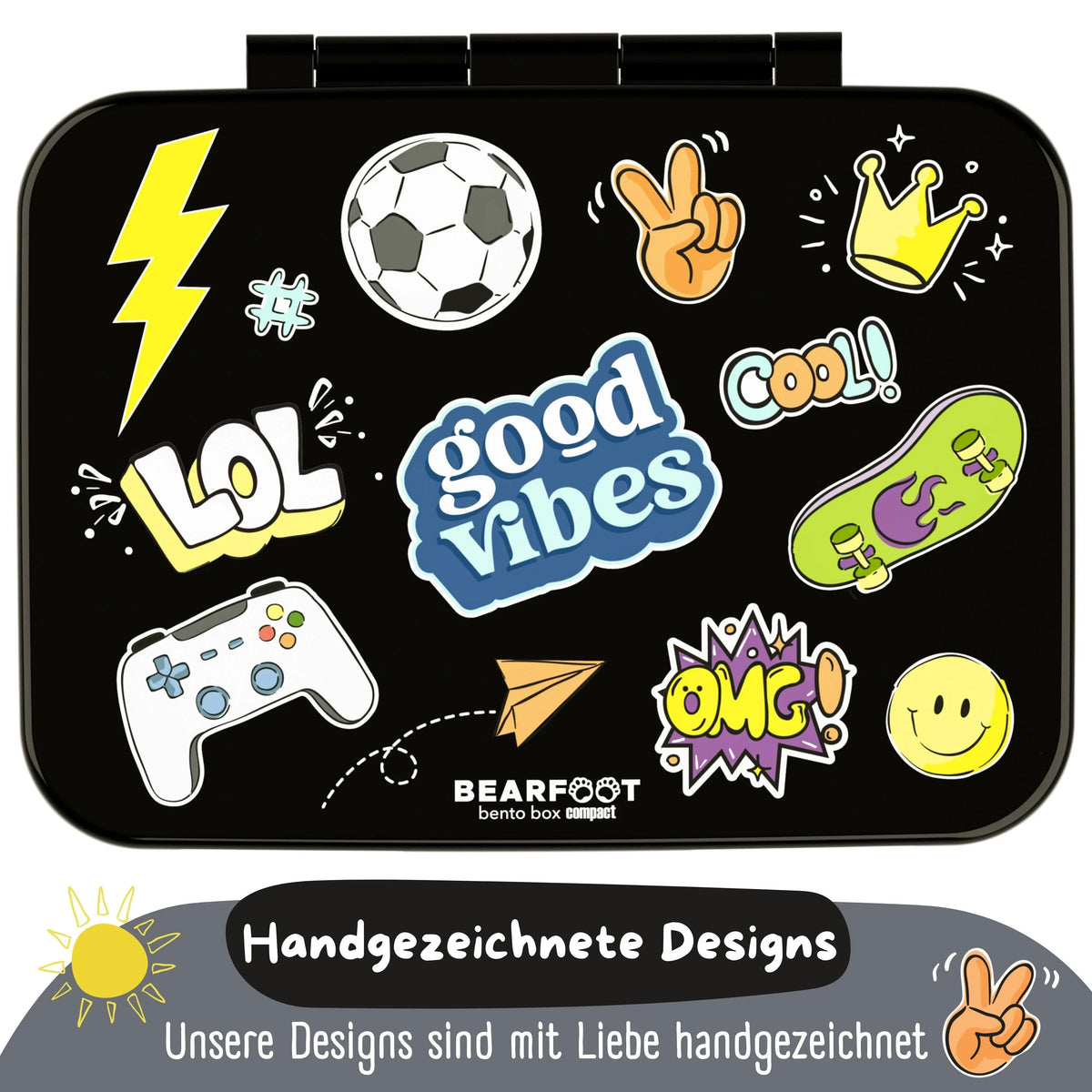 Brotdose mit Fächern, leicht & auslaufsicher - Sticker schwarz: 1.000ml BEARFOOT      NATURKINDCHEN