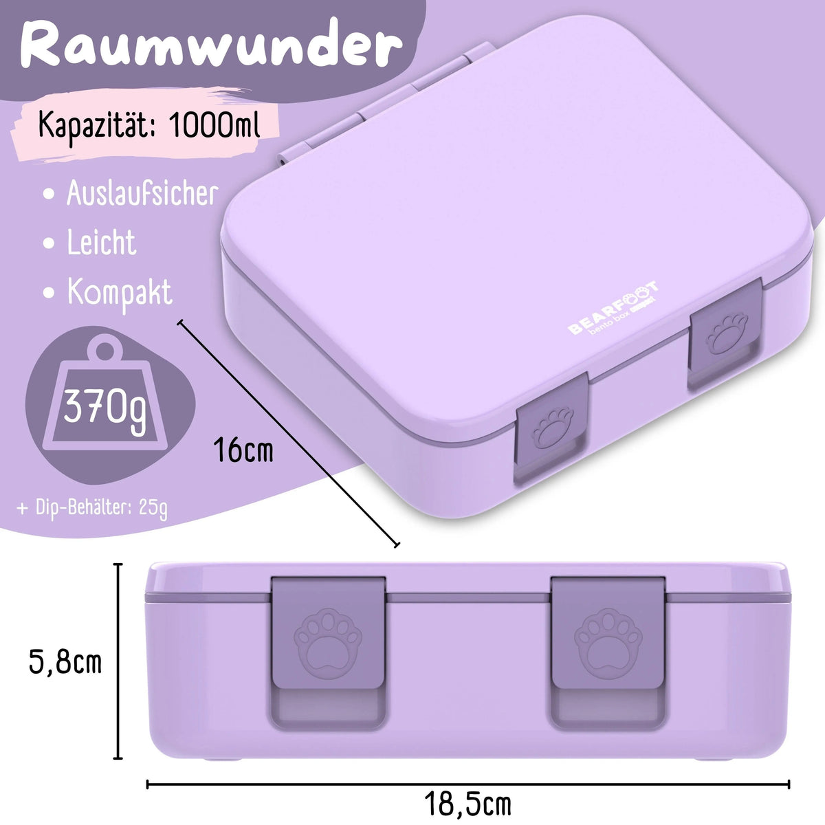 Brotdose mit Fächern, leicht & auslaufsicher - lila: 1.000ml BEARFOOT      NATURKINDCHEN
