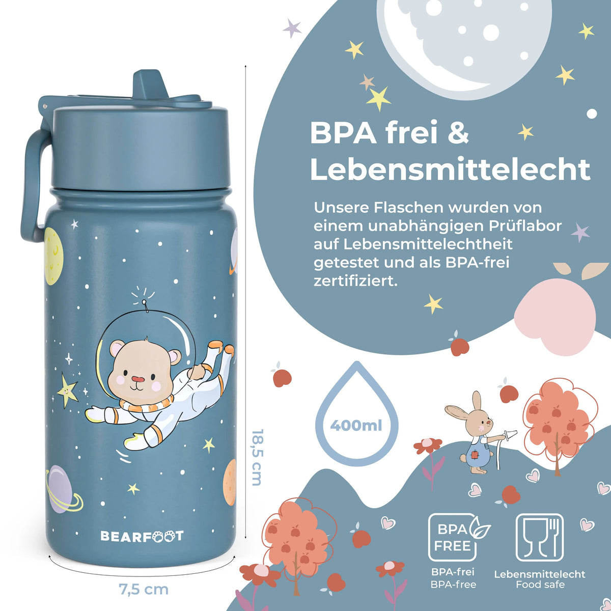 Thermo Kinder Trinkflasche Edelstahl - Astro Bär blau BEARFOOT      NATURKINDCHEN