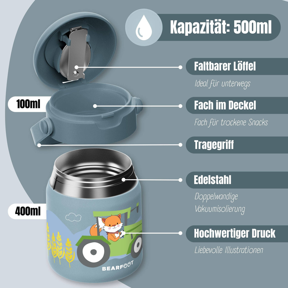 Thermobehälter Kinder Edelstahl - Traktor blau BEARFOOT      NATURKINDCHEN