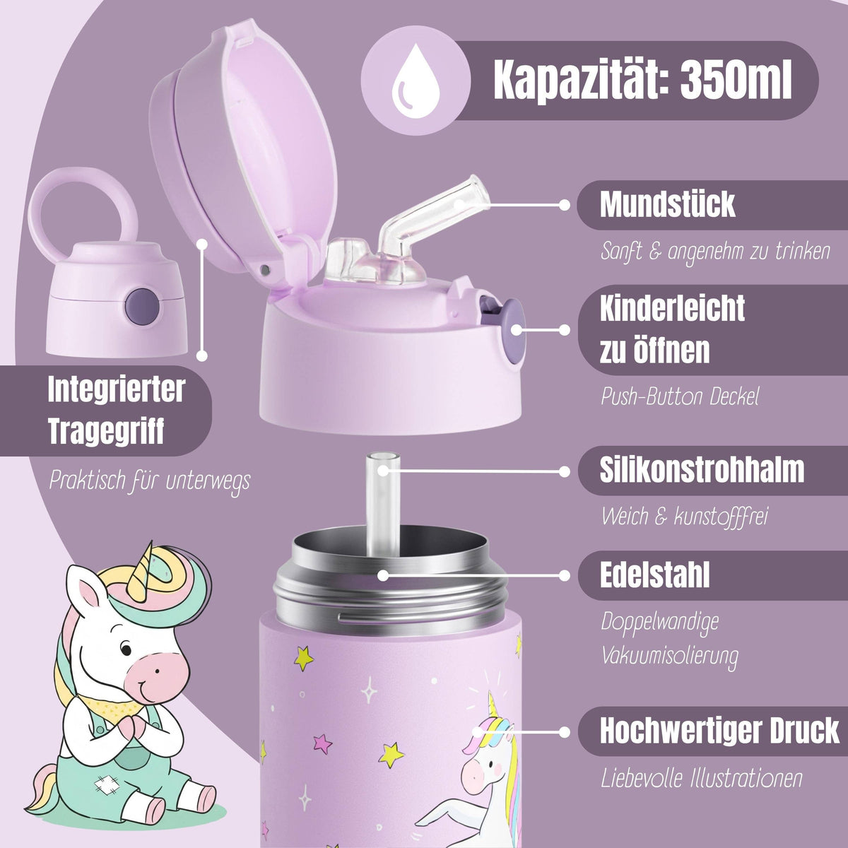 Thermo Kinder Trinkflasche Edelstahl - Einhorn lila BEARFOOT      NATURKINDCHEN