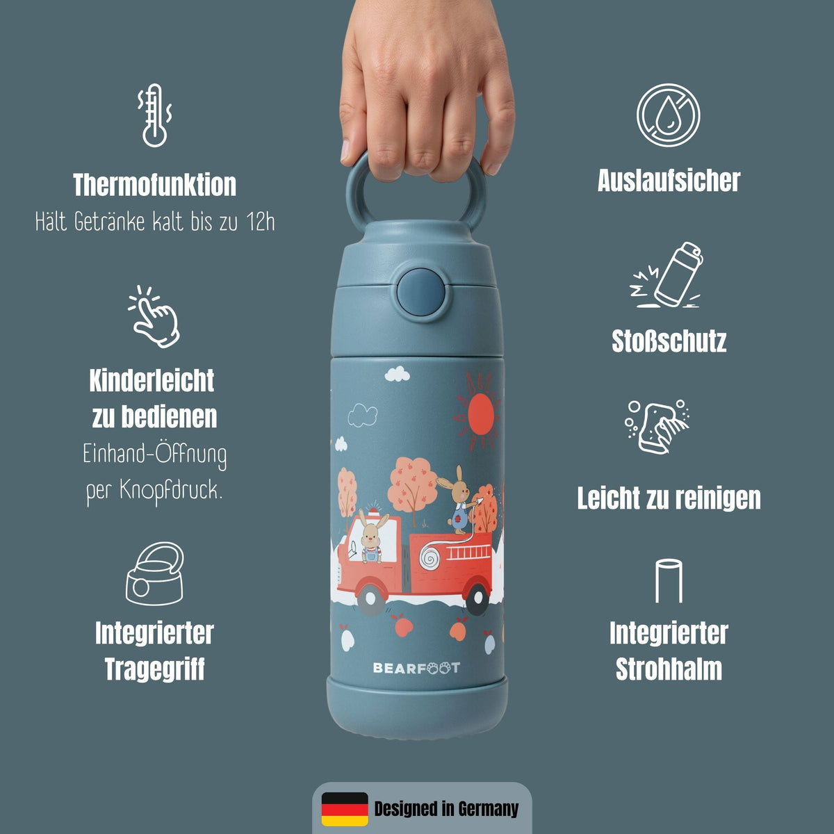 Thermo Kinder Trinkflasche Edelstahl - Feuerwehr Hase blau BEARFOOT      NATURKINDCHEN