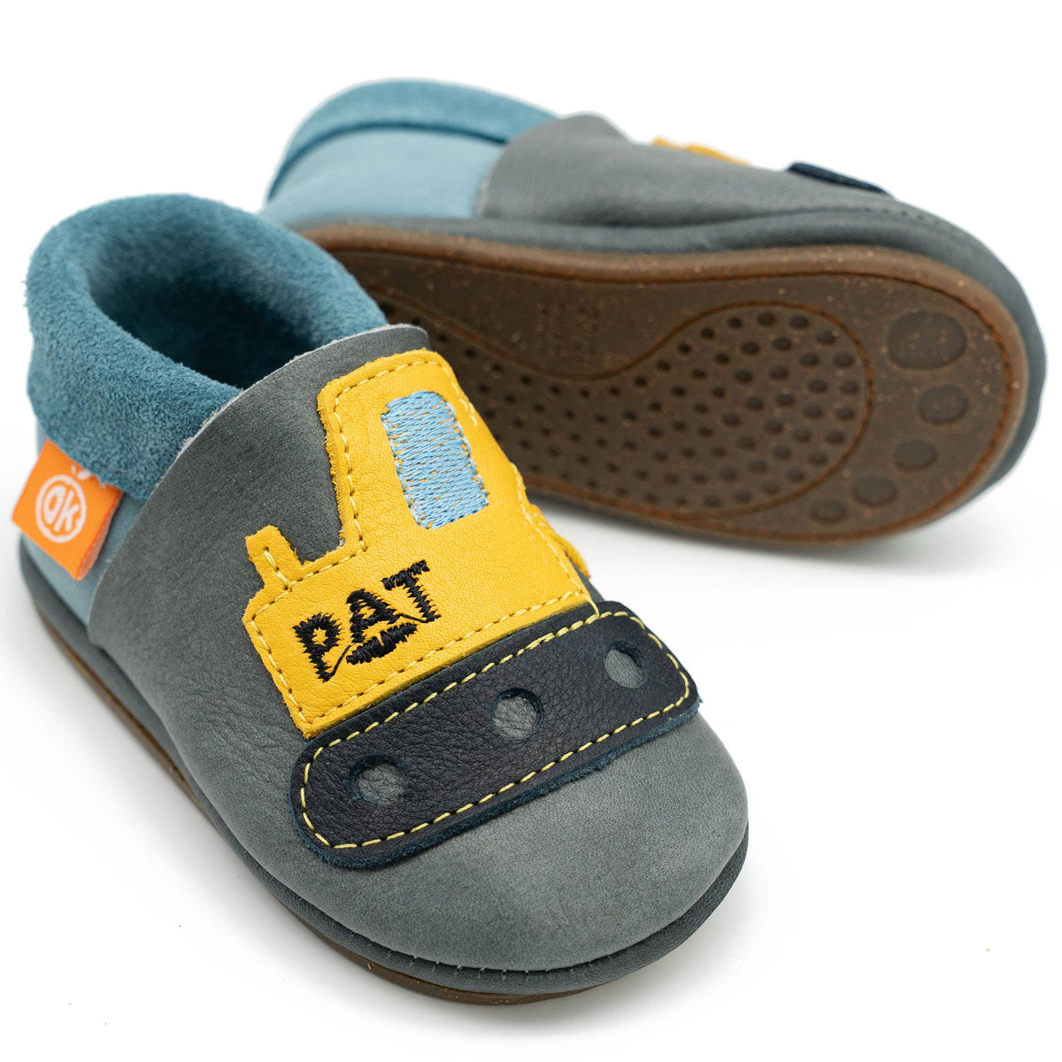 Barfußschuhe AMIGO Motiv Bagger: Grau / 30/31 Orangenkinder®      NATURKINDCHEN