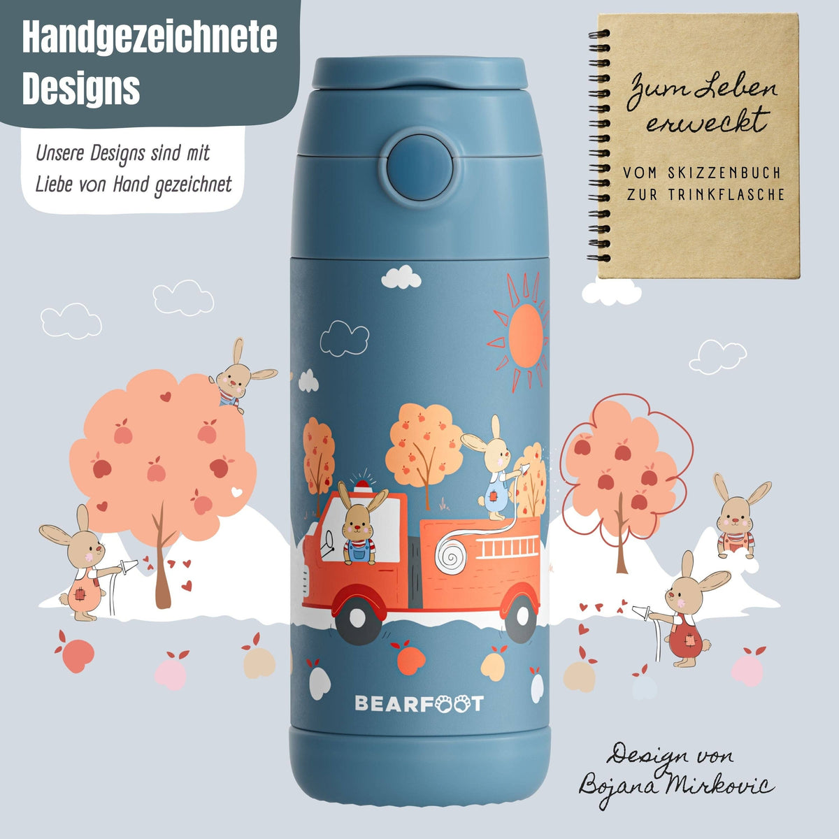 Thermo Kinder Trinkflasche Edelstahl - Feuerwehr Hase blau BEARFOOT      NATURKINDCHEN