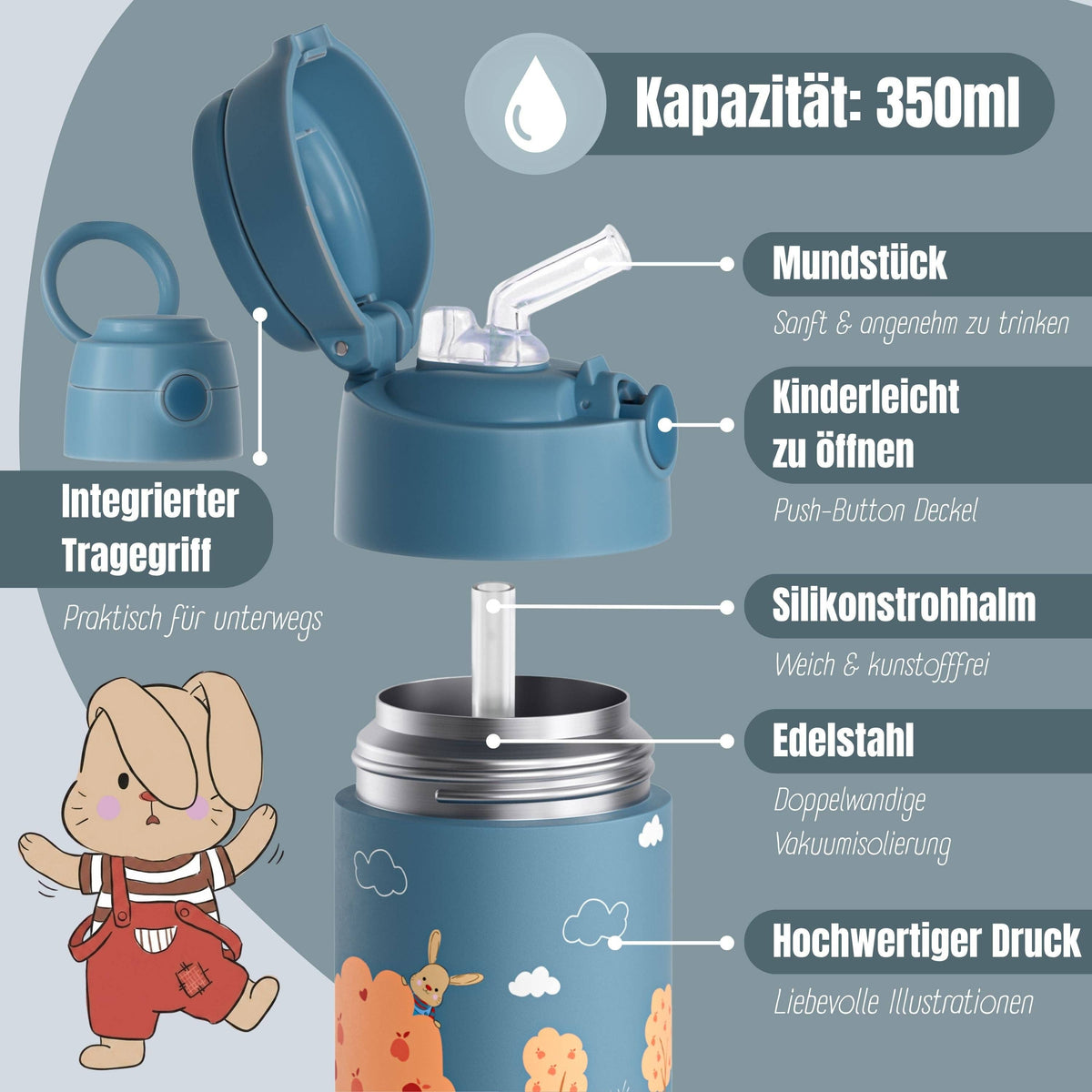 Thermo Kinder Trinkflasche Edelstahl - Feuerwehr Hase blau BEARFOOT      NATURKINDCHEN