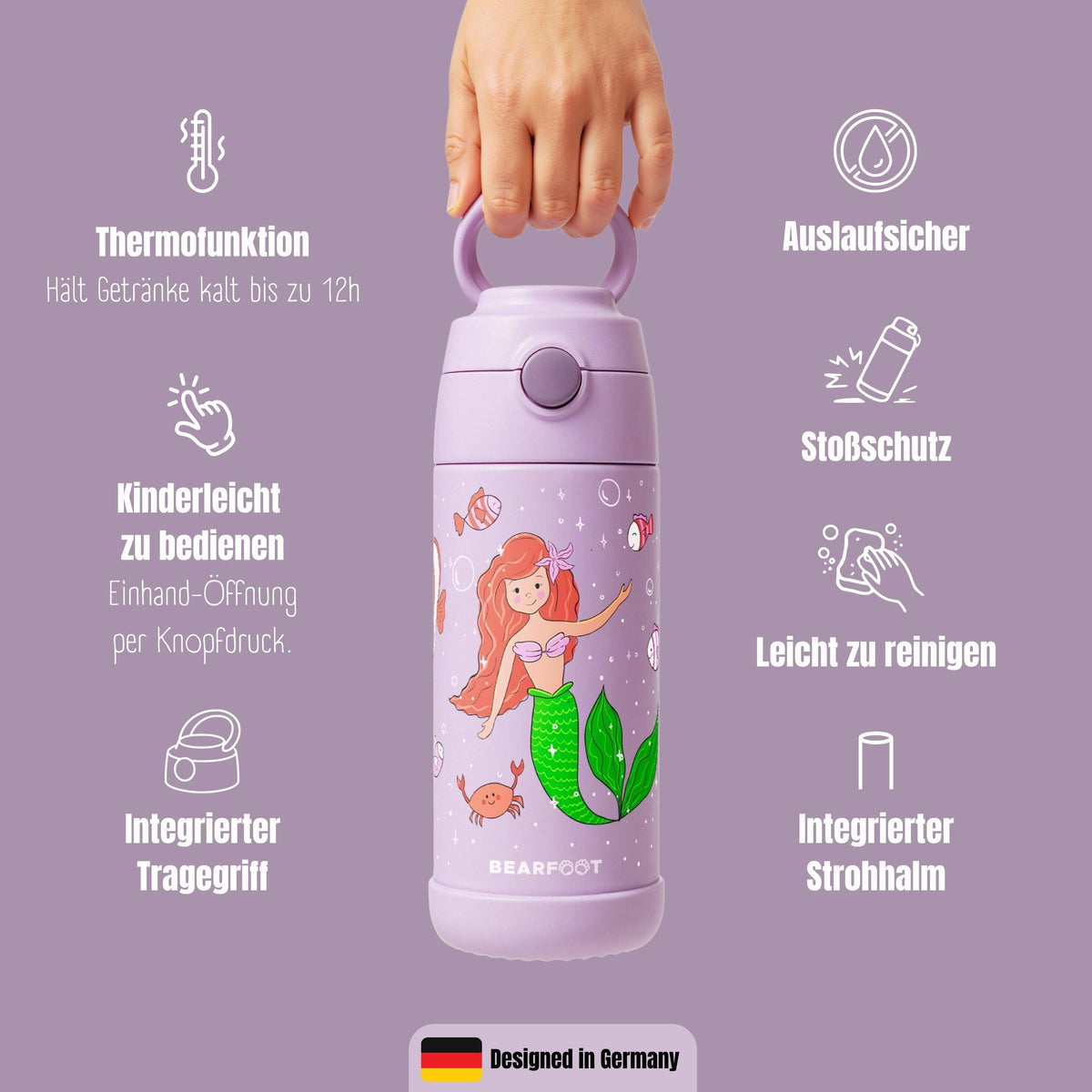 Thermo Kinder Trinkflasche Edelstahl - Meerjungfrau lila BEARFOOT      NATURKINDCHEN