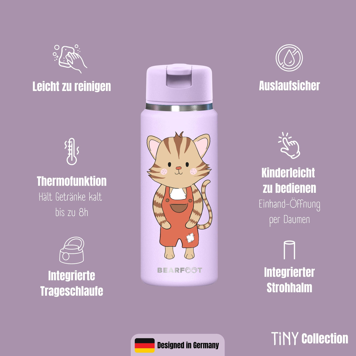 TINY Thermo Kinder Trinkflasche Edelstahl - Katze lila BEARFOOT      NATURKINDCHEN